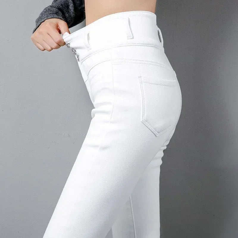 S-5XL Plus Velvet White Jeans Women High Waisted Skinny Leggings Long