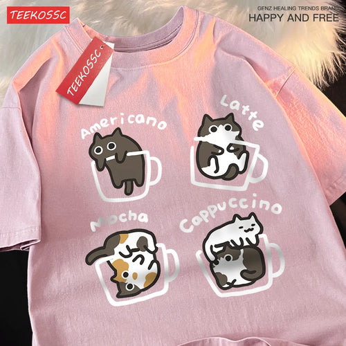 Cat Coffee Pure Cotton Trendy Summer Loose Short Sleeved T-shirt Men