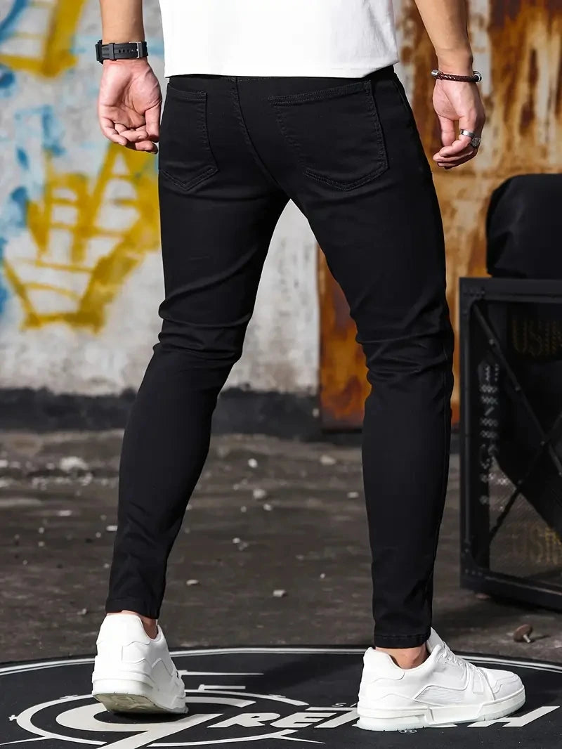 Man Pants Retro Washing Zipper Stretch Jeans Casual Slim Fit Trousers