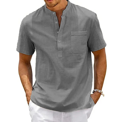 Cotton Linen Shirt Men Henley Neck Pocket Casual Beach Short Sleeve