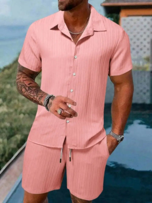 Men's beach suit striped solid color short sleeve shorts shirt Sports