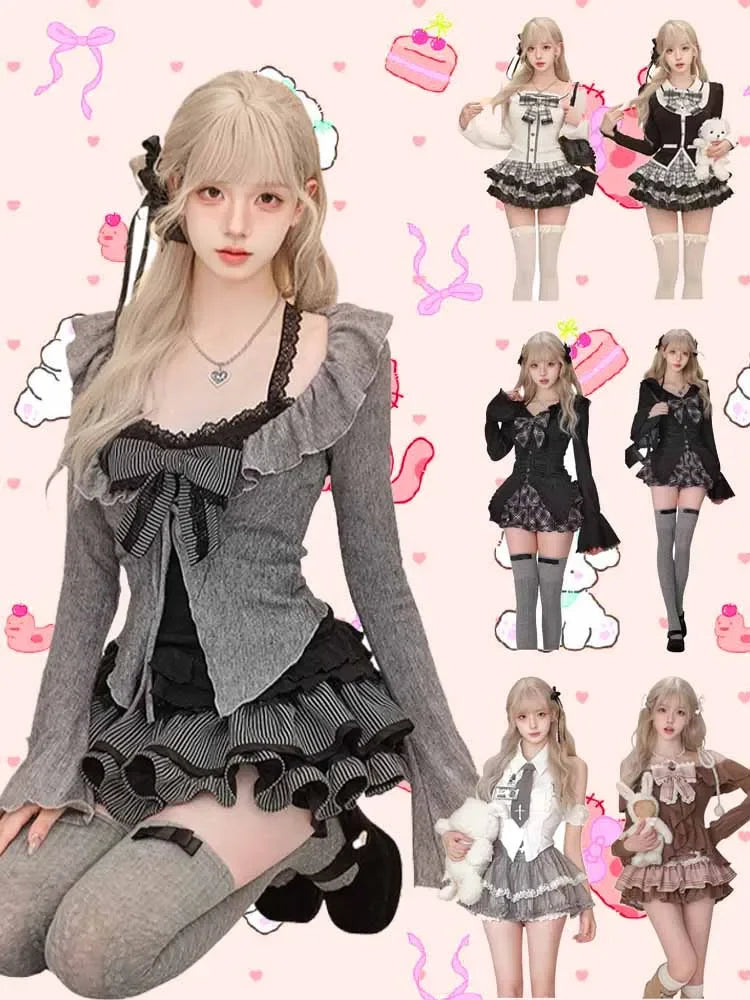 Vintage 3 Piece Skirt Suit Women Kawaii Ruffles Cardigan Outwear