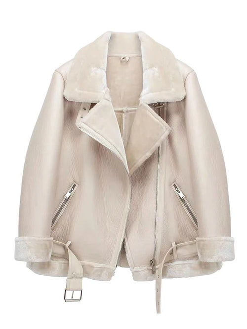 Ailegogo Winter Coats Women Thickness Faux Leather Fur Sheepskin