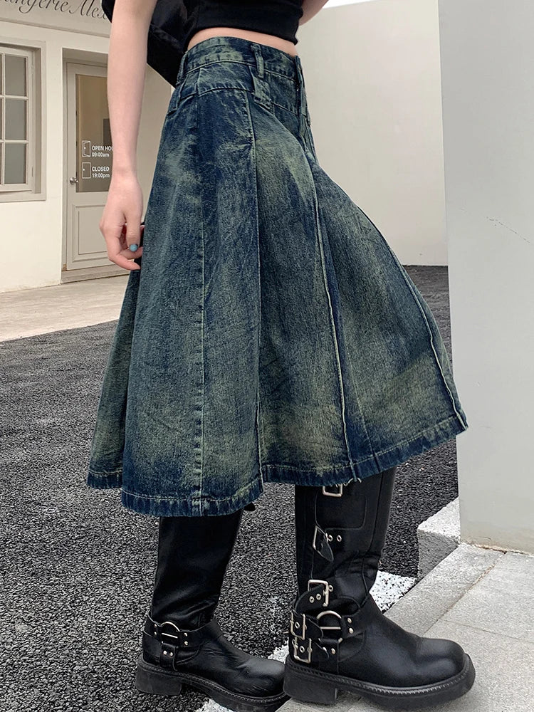 S-4XL Women Jeans Skirts Summer New High Waist A-Line Pleated Loose
