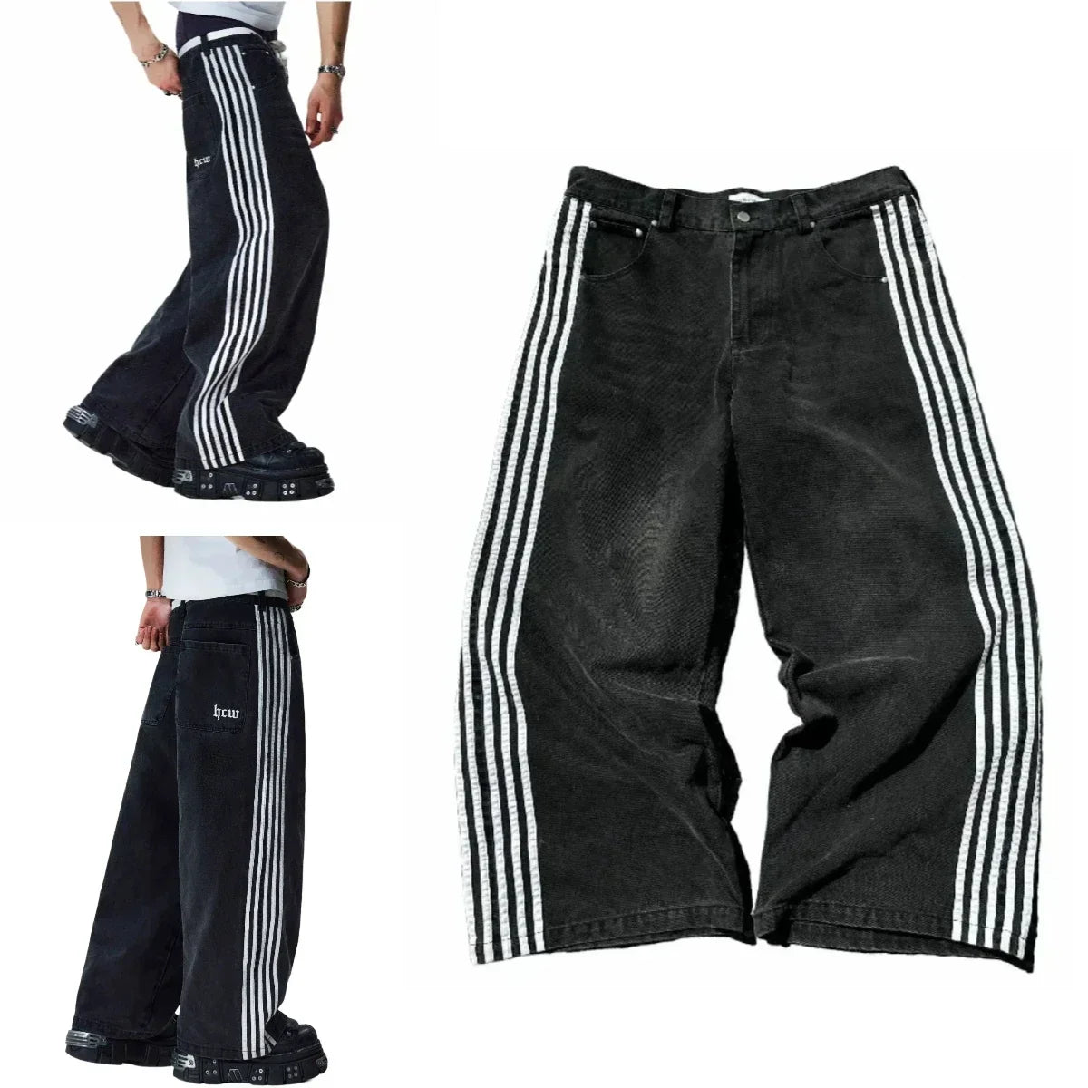 Harajuku Retro Hip Hop Mens Jeans Y2k Black Striped Baggy Jeans Gothic