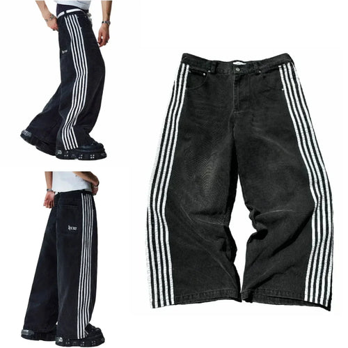 Harajuku Retro Hip Hop Mens Jeans Y2k Black Striped Baggy Jeans Gothic