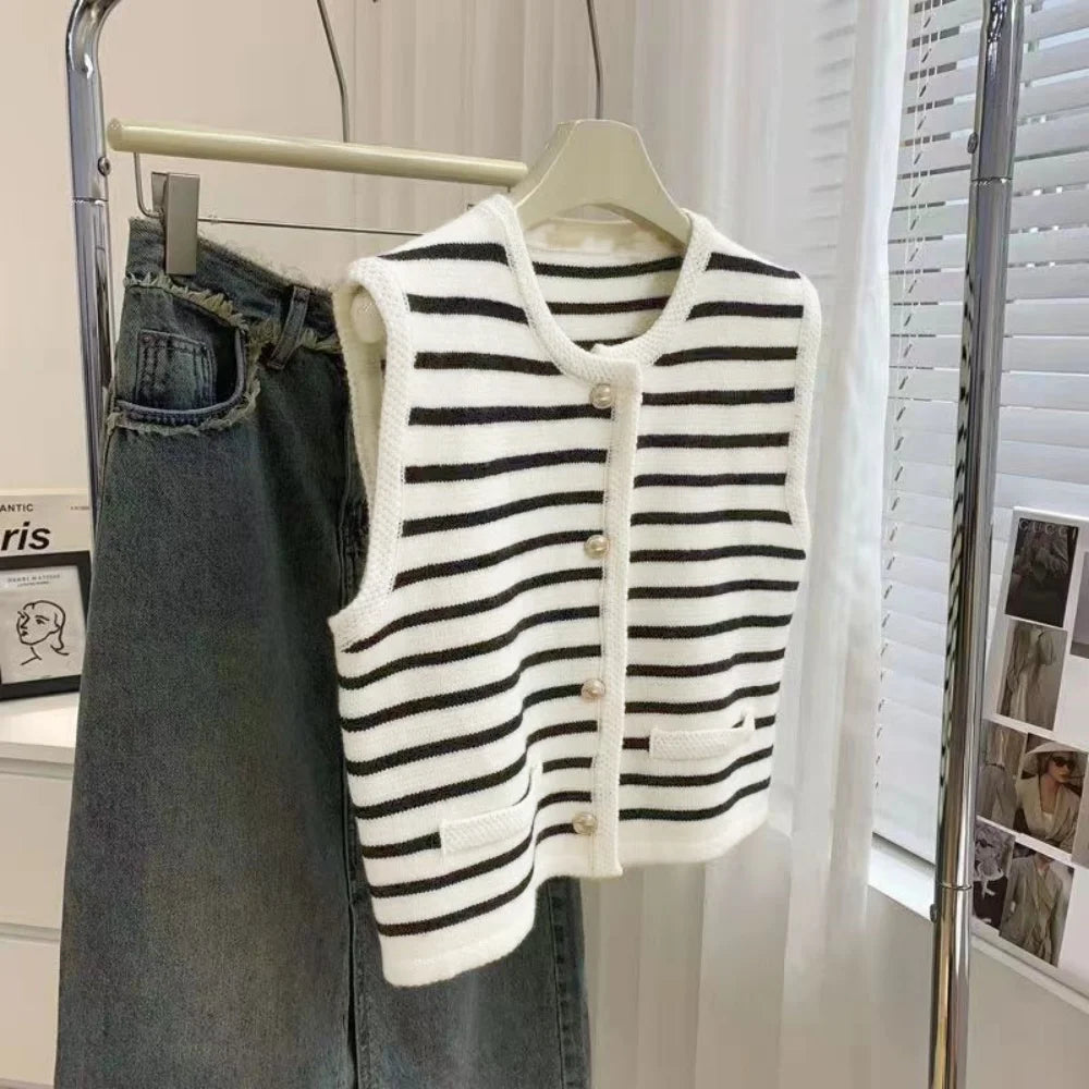 Korean Elegant Chic Knit Vest Stripe Casual Sweet Office Lady Cardigan
