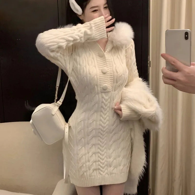 Autumn Winter Elegant Women Sweater Christmas Red Slim Fur Patchwork