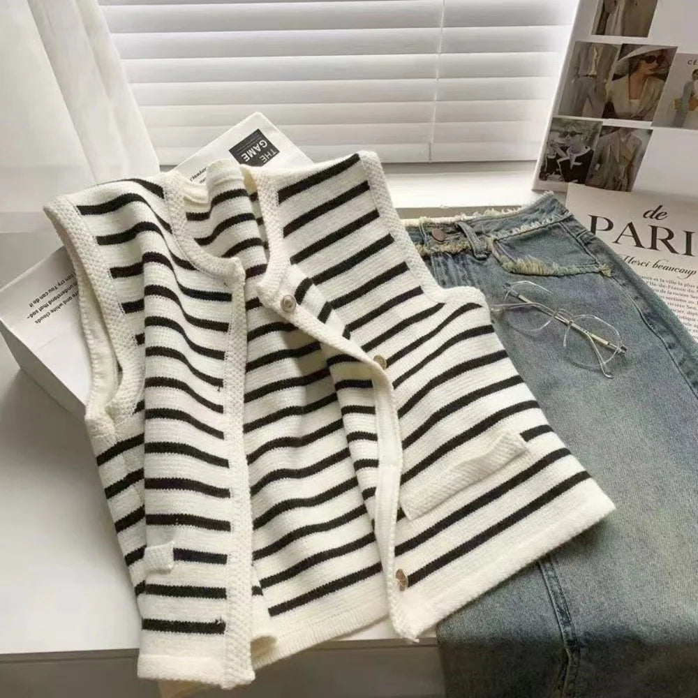Korean Elegant Chic Knit Vest Stripe Casual Sweet Office Lady Cardigan