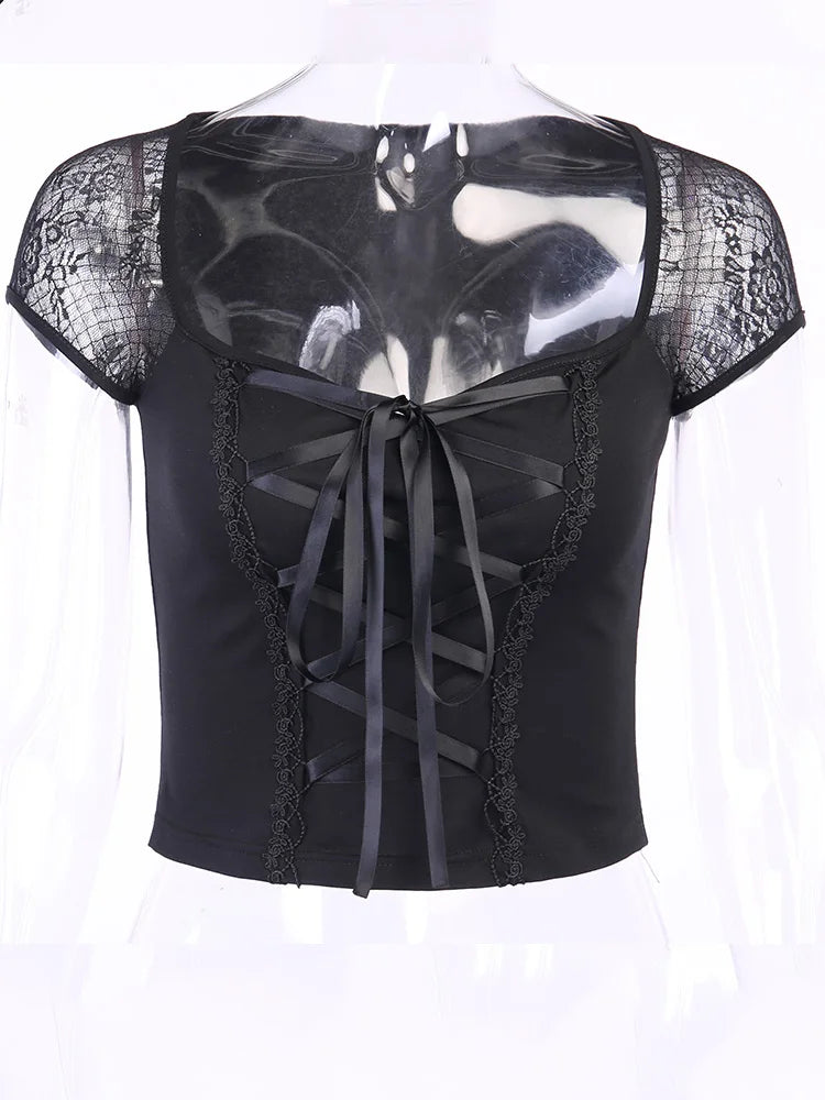 Vintage Tops Goth T-shirt Women Bodycon Bandage Lace Black T-shirts