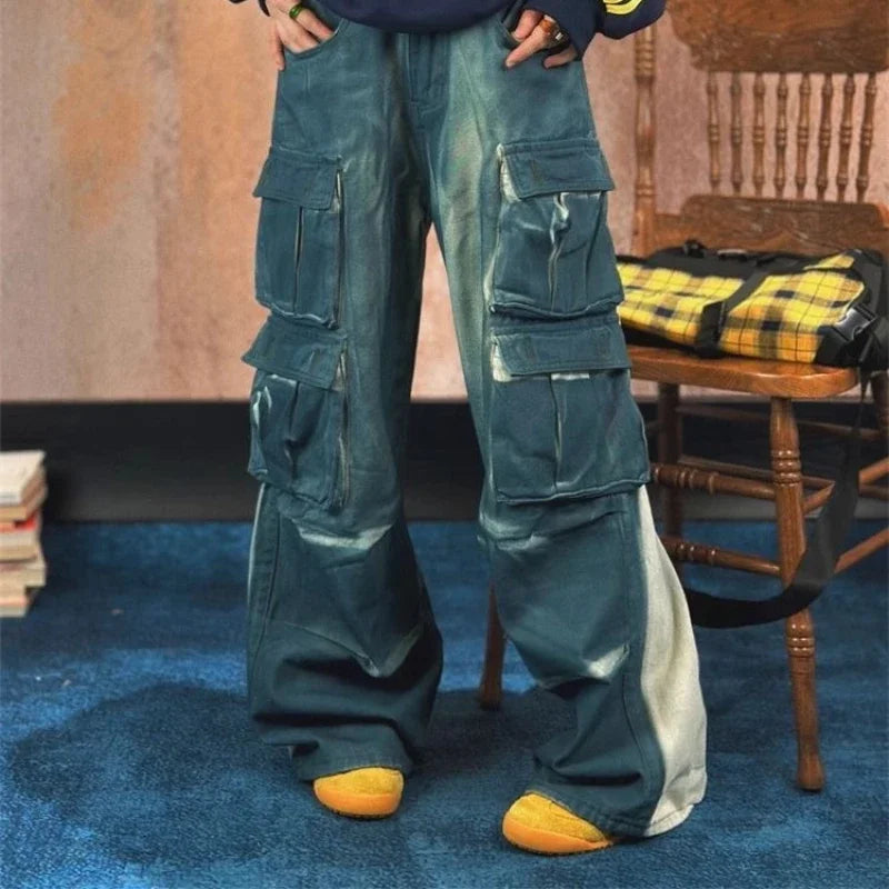American Retro Multi Pocket Jeans High Waist And Slim Casual High
