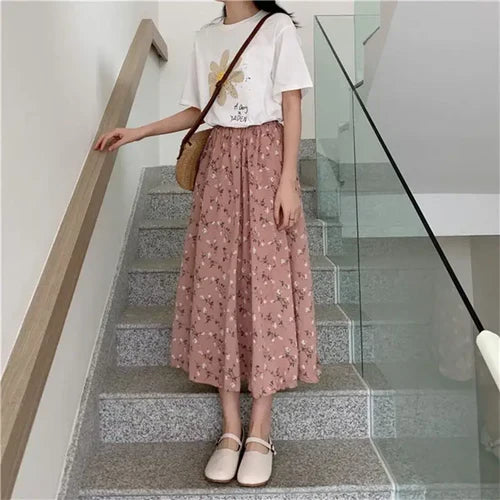 Vintage Floral Print A-line Pleated Long Skirts Summer Women 2024