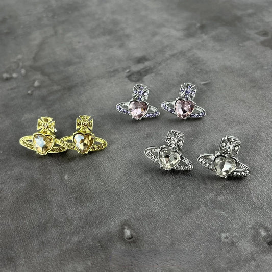Trendy Fashion Gold Silver Color Love Heart Stud Earrings for Women Vintage Saturn Earrings Lovey Gifts Korean Fashion Jewelry