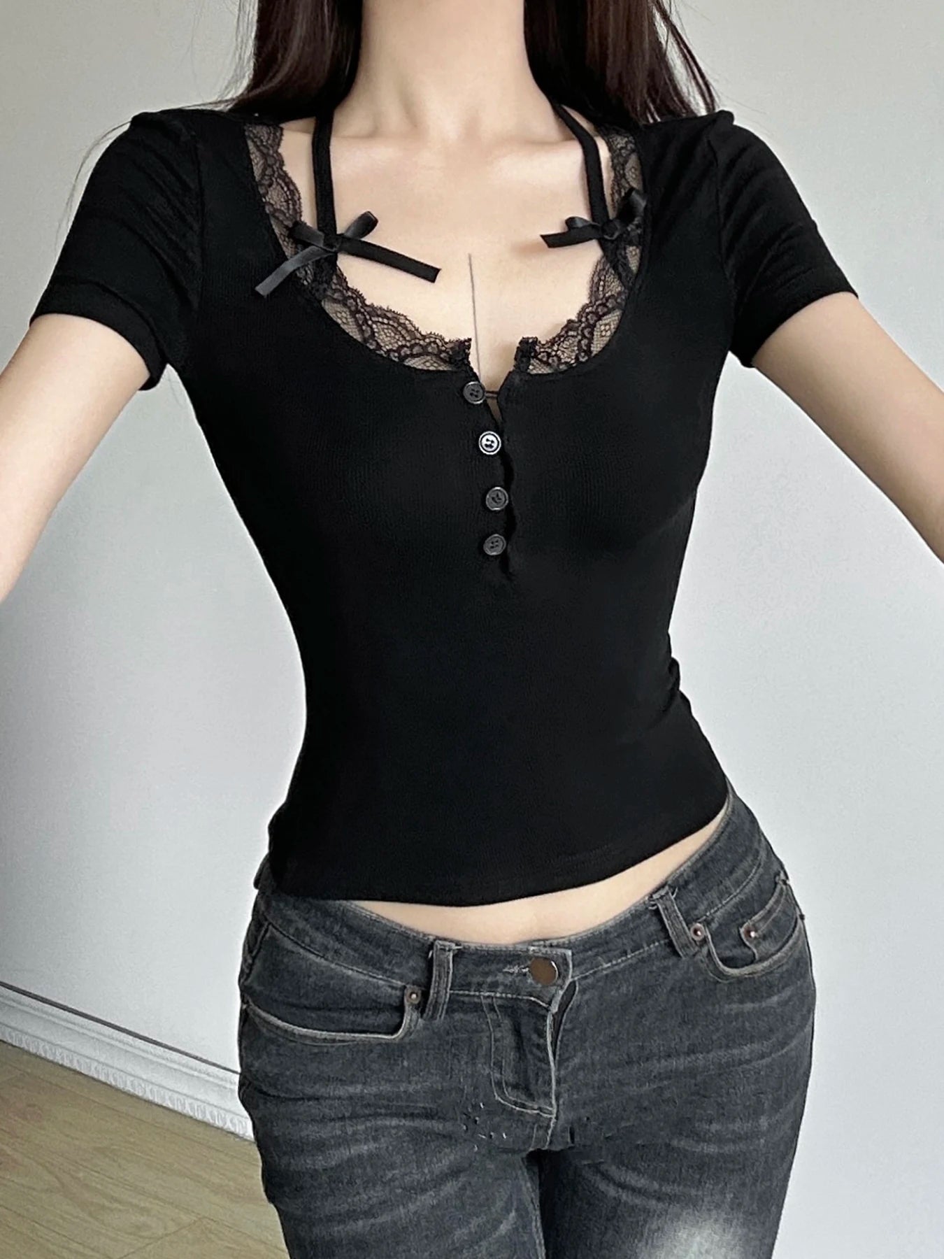 Halter Neck Lace Trim Bow Cute Black Y2K T-Shirt Women Button Up Slim