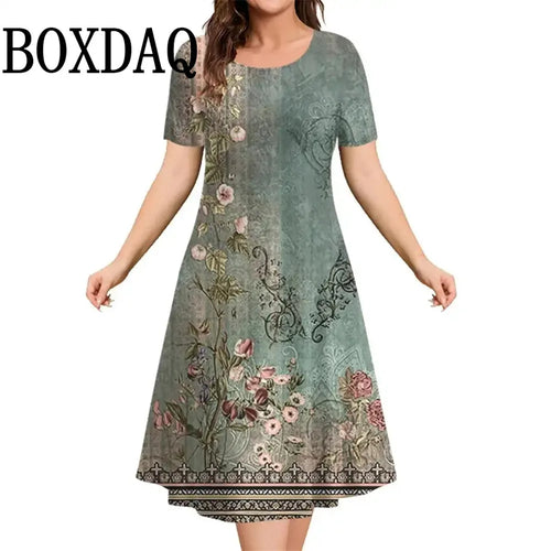 2025 New Women‘s Dresses 3D Flowers Pattern Print Short Sleeve Loose