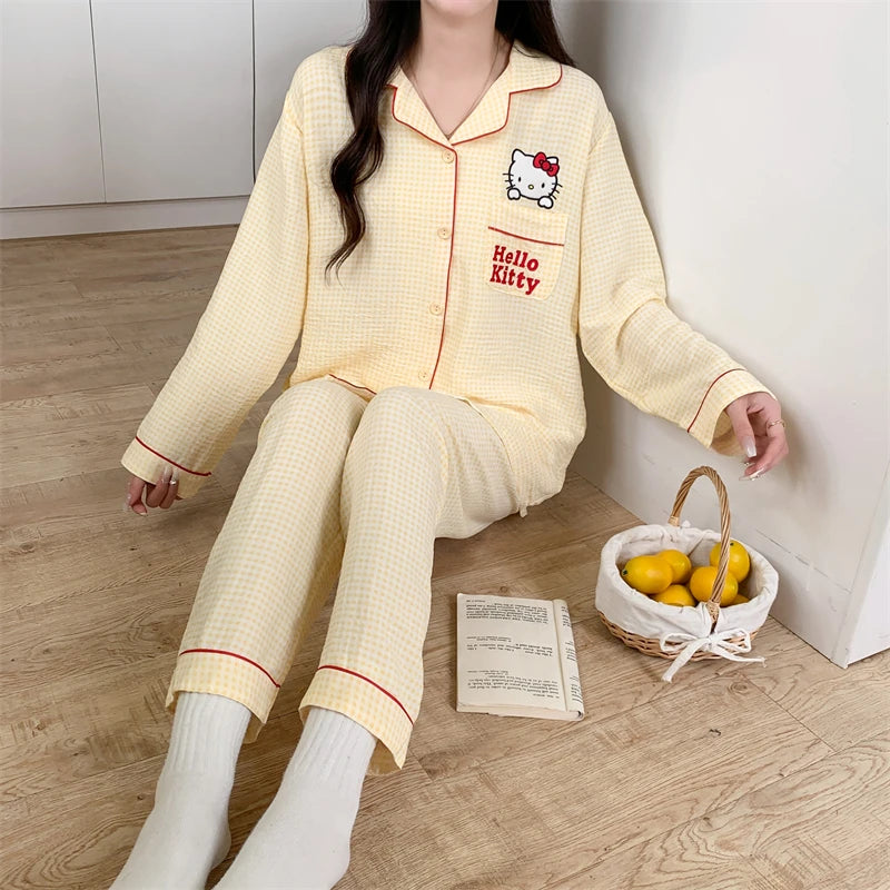 Cartoon Sanrio Hello Kitty pajamas, pure cotton long-sleeved trousers
