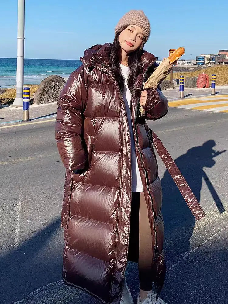 With Belt Women's Winter Down Jacket Long Puffer Coat White Duck Thick