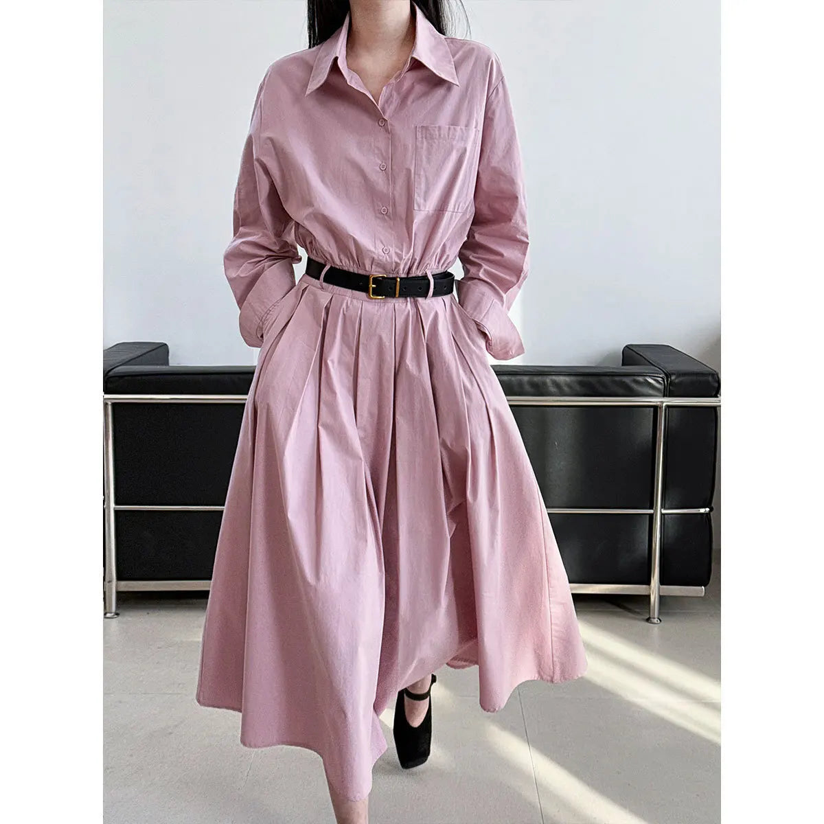 Polo‘s Collar Shirt Dress Women Spring Slimming Long Dress With A