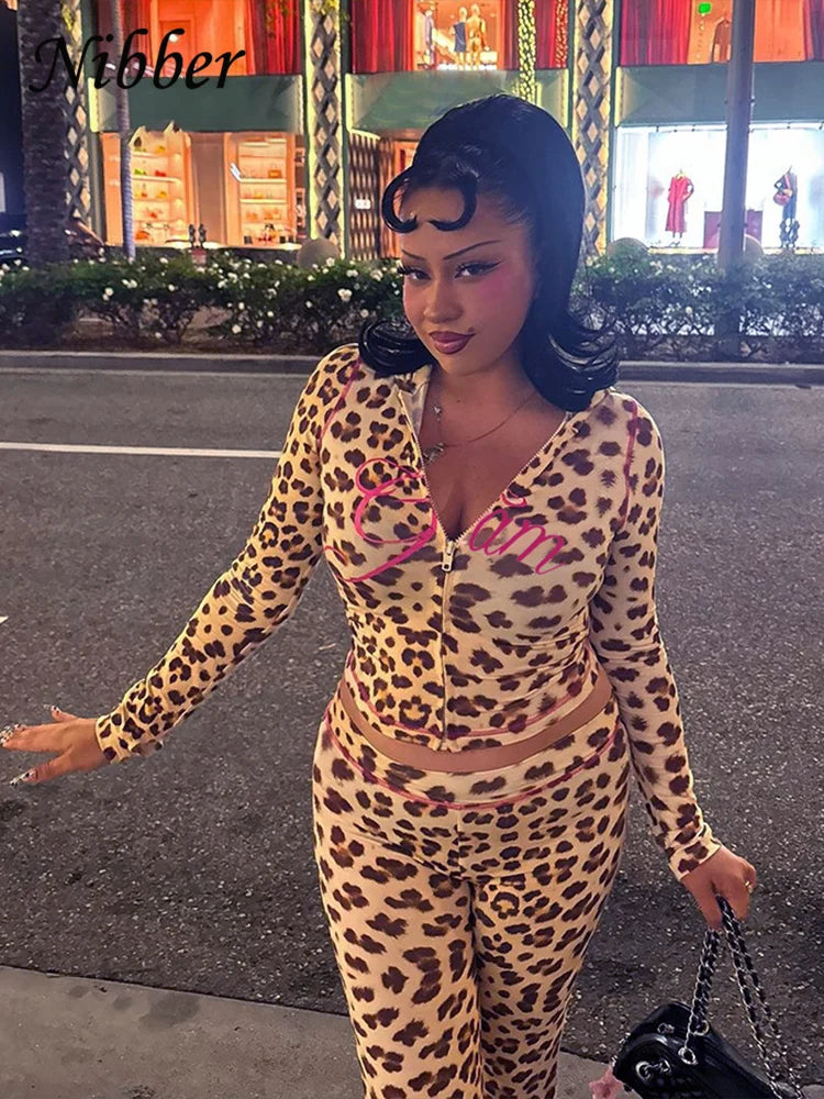 Nibber Leopard Print 2 Piece Set Women's Autumn Tracksuit Athleisure