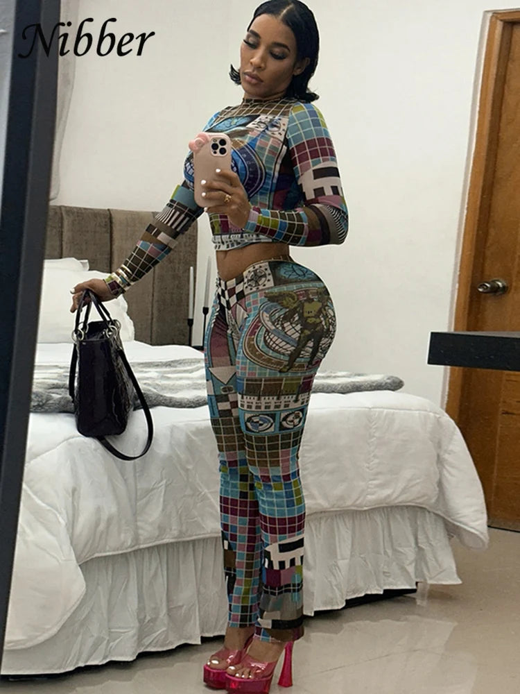 Nibber Pixel Print Mesh Women 2 Piece Set Tracksuit Colorful Full