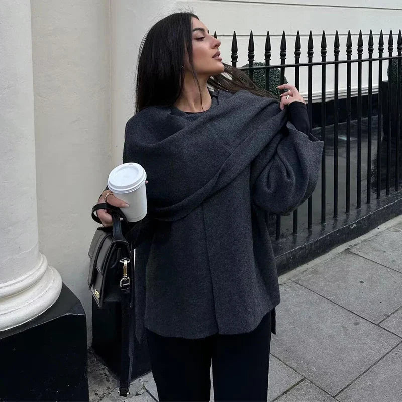 TRAF 2024 Plush Winter Coats for Women Asymmetric Scarf Demi-season