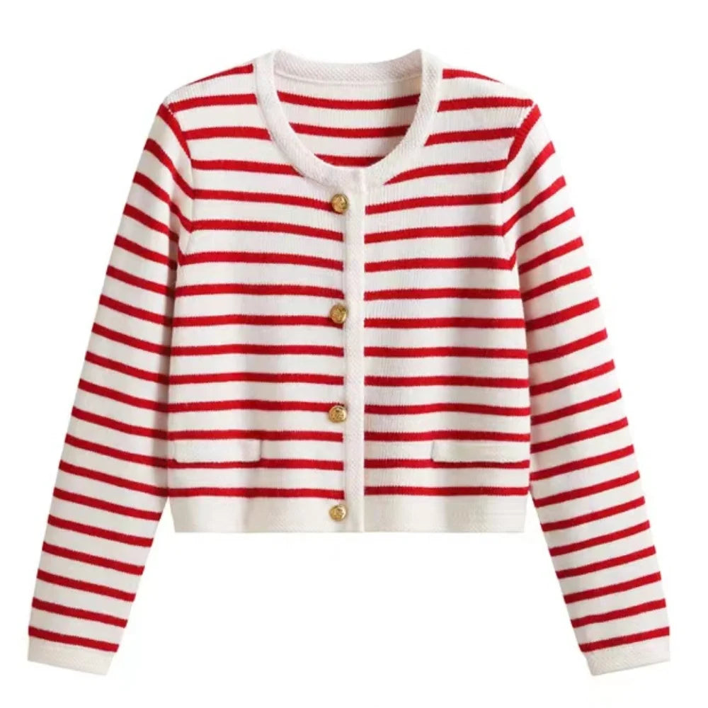 Korean Elegant Chic Knit Vest Stripe Casual Sweet Office Lady Cardigan