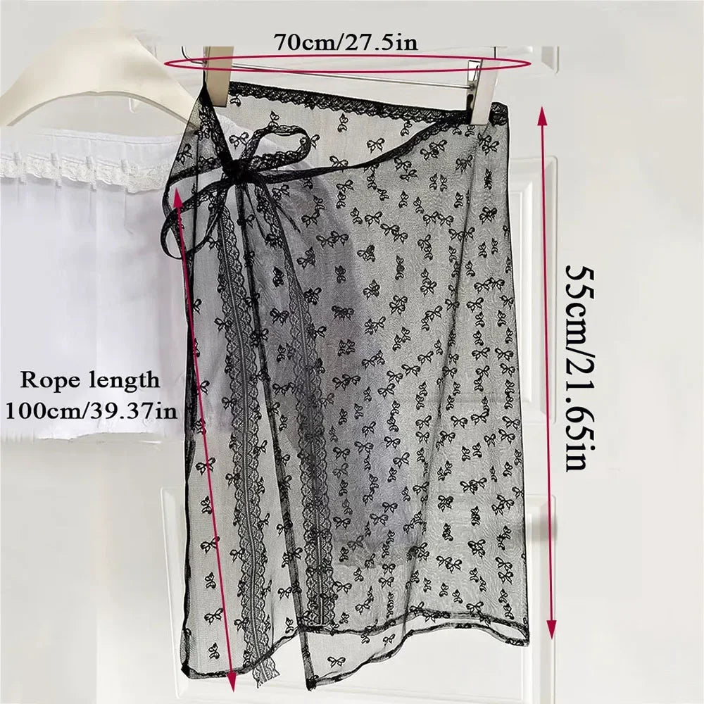 Lace Layered Gauze Skirt with Tie Up Women Vintage Bowknot Print