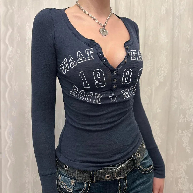 Letter Print Black Tees Women Autumn Streetwear Long Sleeves O-Neck