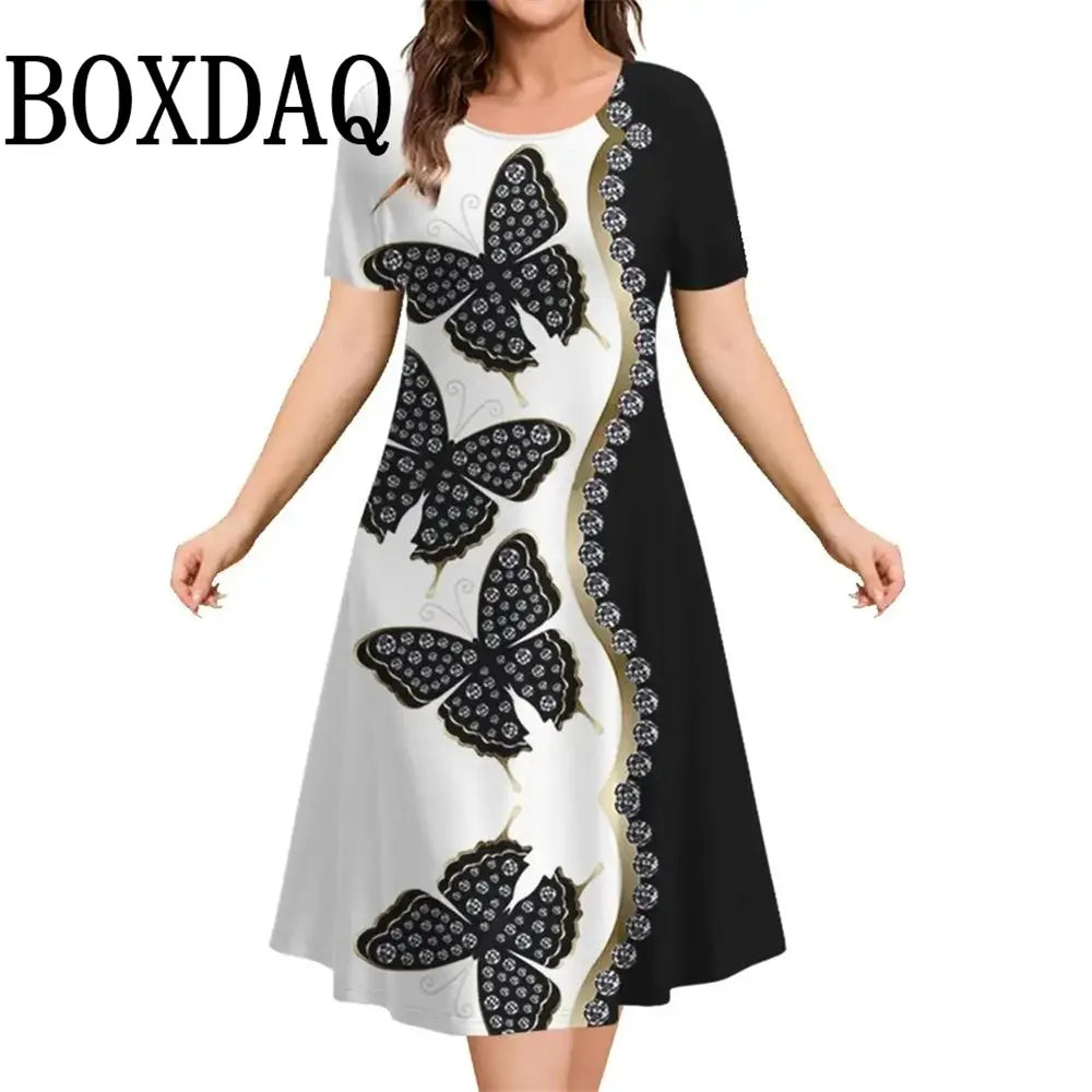 2025 New Women‘s Dresses 3D Flowers Pattern Print Short Sleeve Loose