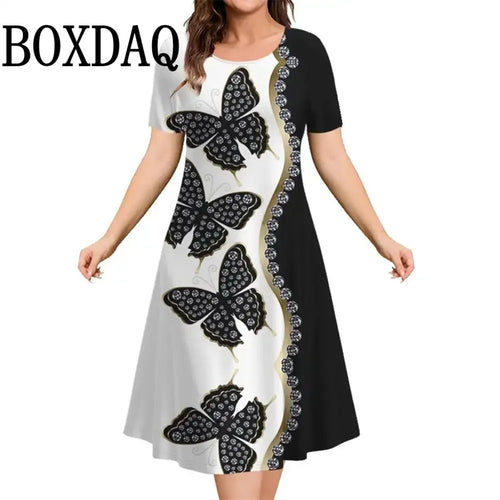 2025 New Women‘s Dresses 3D Flowers Pattern Print Short Sleeve Loose