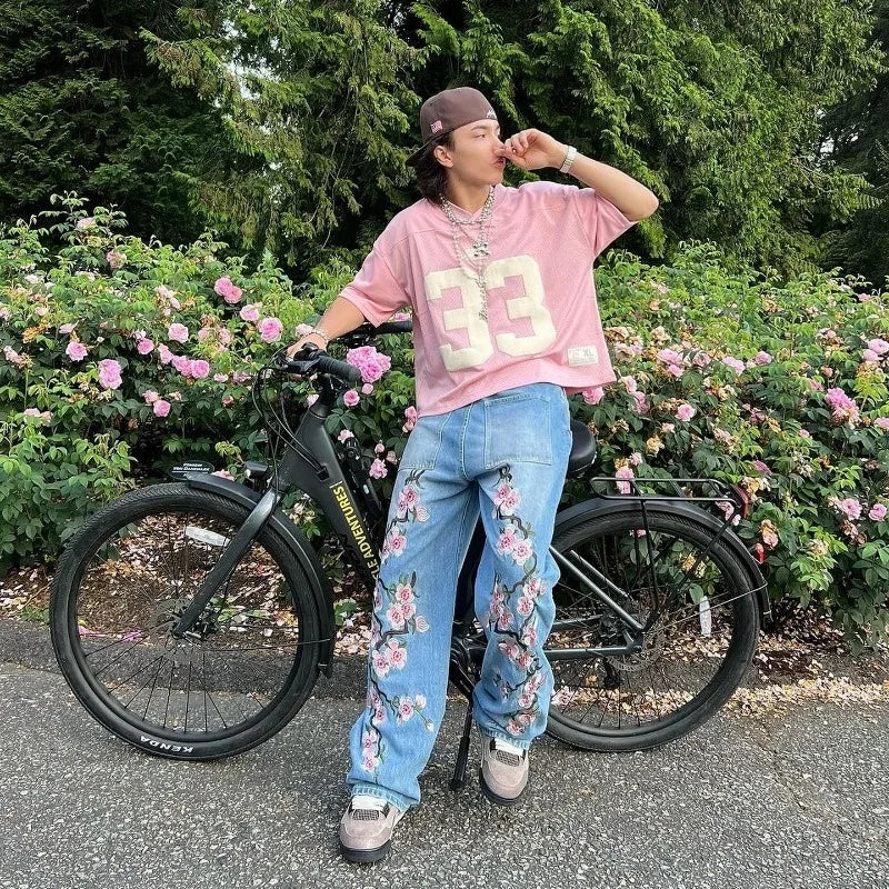 Y2K pants men Baggy Harajuku cherry blossom print pattern jeans Hip