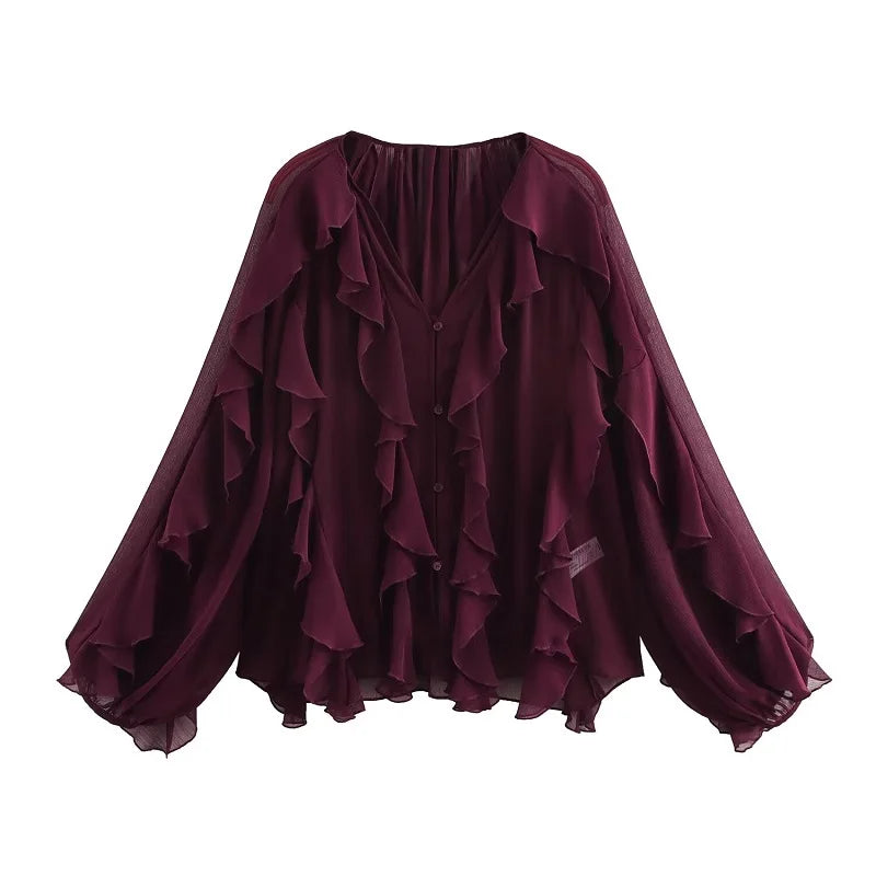 MUJER Ruffle Womens Blouses Semi Sheer Casual Blouses Woman Spring