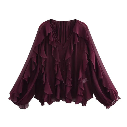 MUJER Ruffle Womens Blouses Semi Sheer Casual Blouses Woman Spring