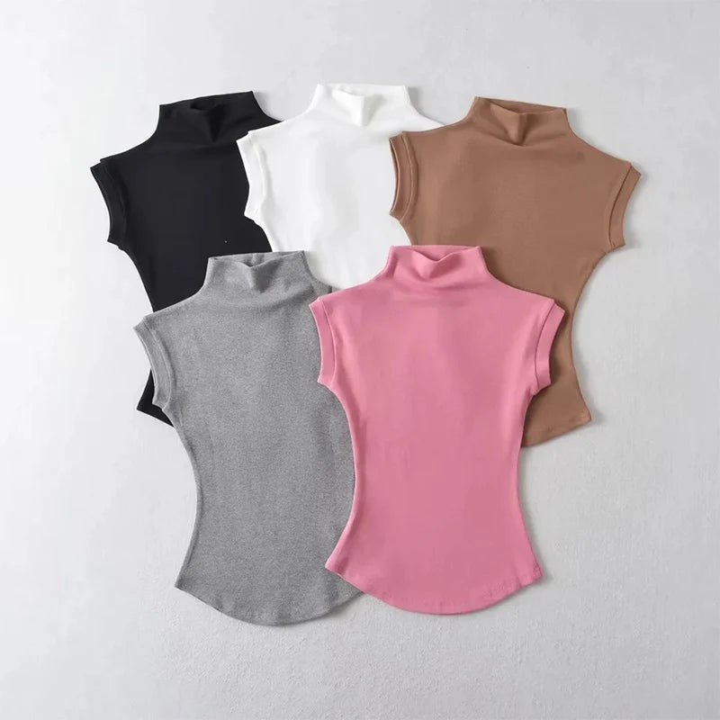 Women Summer Sexy Turtleneck Sleeveless T-Shirts Tops Solid Slim Fit