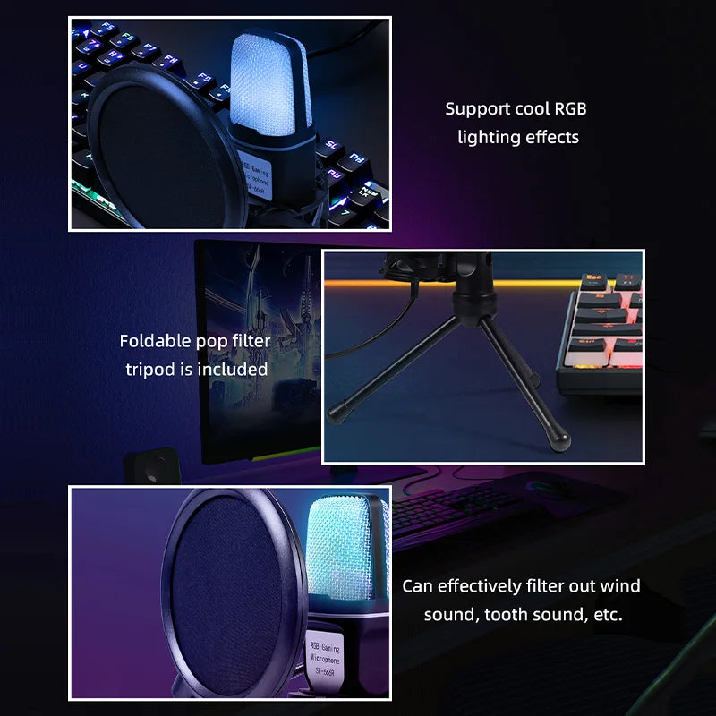 SF666R USB Microphone RGB Microfone Condensador Wire Gaming Mic for