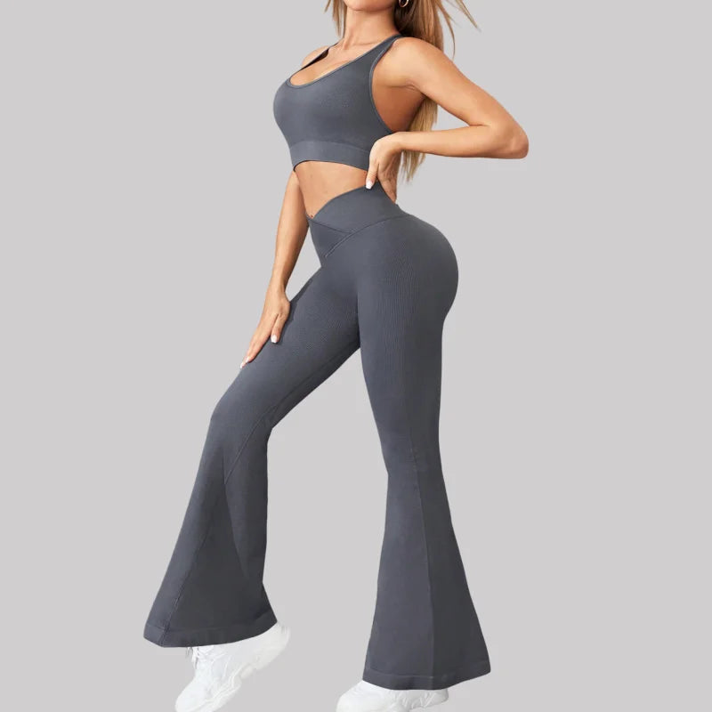 Ribbed High Waist Flare Leggings Women’s Slim Fit Pant Wide-leg Yoga