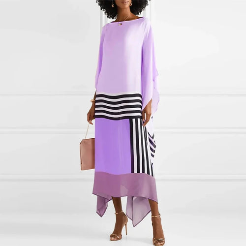 Candy Stripe Print Patchwork Kaftan Dresses Women’s Spring Round Neck