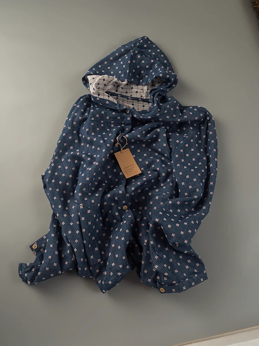 100% Cotton Yarn Loose Hooded Plaid Shirts for Women Autumn Spring