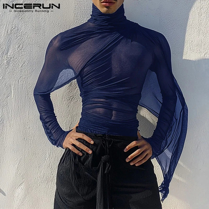 Fashion Sexy Style Tops INCERUN New Men's See-through Pleated T-shirt