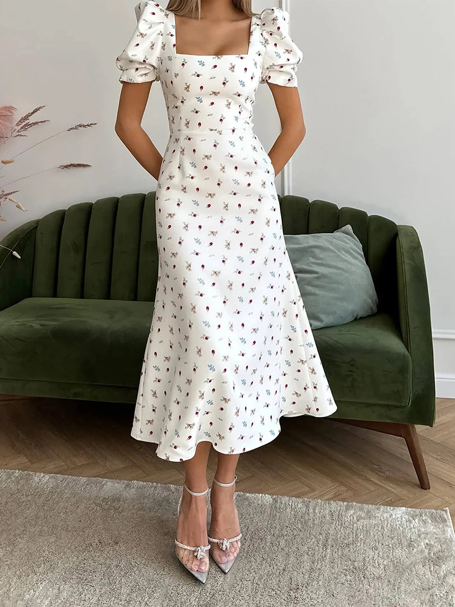 New Fashion Womens Summer Midi Dress Casual Short Puff Sleeve Floral
