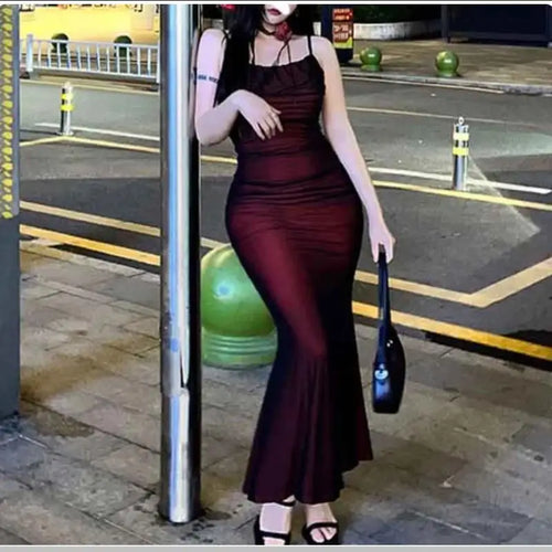 Sexy Luxury Woman Evening Dress Red Mesh Gothic Elegant Party Bodycon