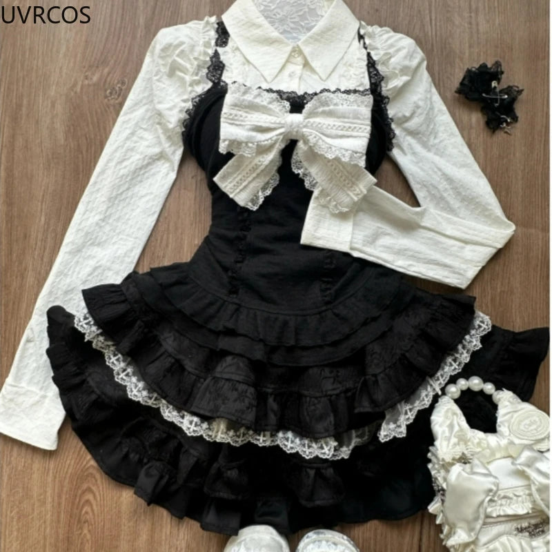 Y2k Aesthetic Lolita Style 3 Piece Set Women Kawaii White Shirt Bow