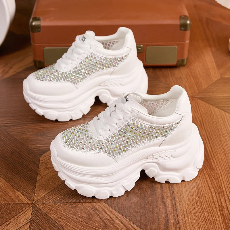 AUTUSPIN Women Summer Thick Soled Shoes Fashion Shiny Rhinestones Sneakers Outdoor Leisure Platform Wedges Crystal Shoes Woman