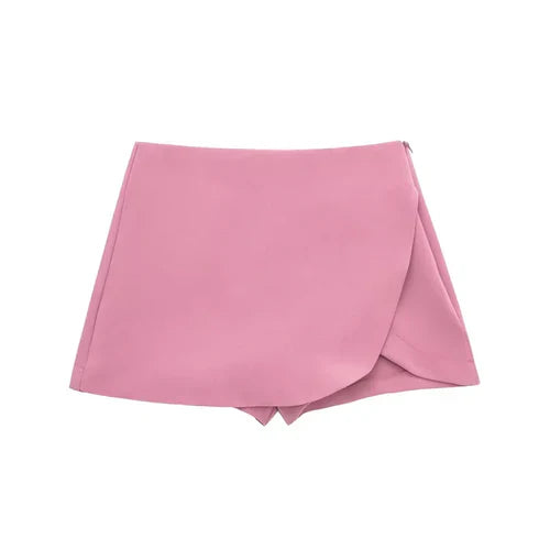 TRAF 2024 Asymmetric Skort For Women Pink Black Mini Skirt Shorts