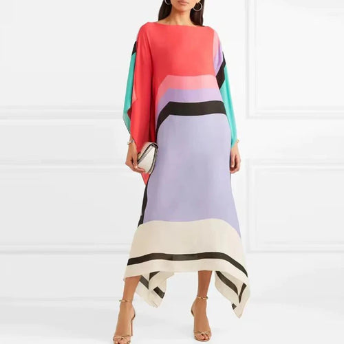 Candy Stripe Print Patchwork Kaftan Dresses Women’s Spring Round Neck