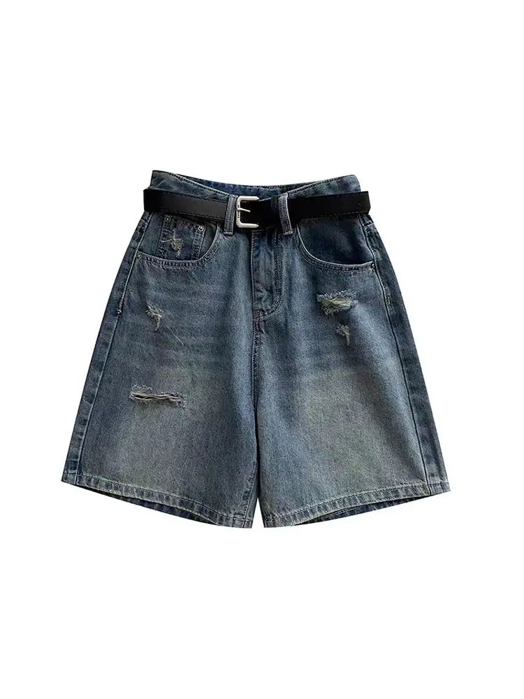 Fashion Holes Denim Shorts 2024 New Women's Summer A-line Wide Legs