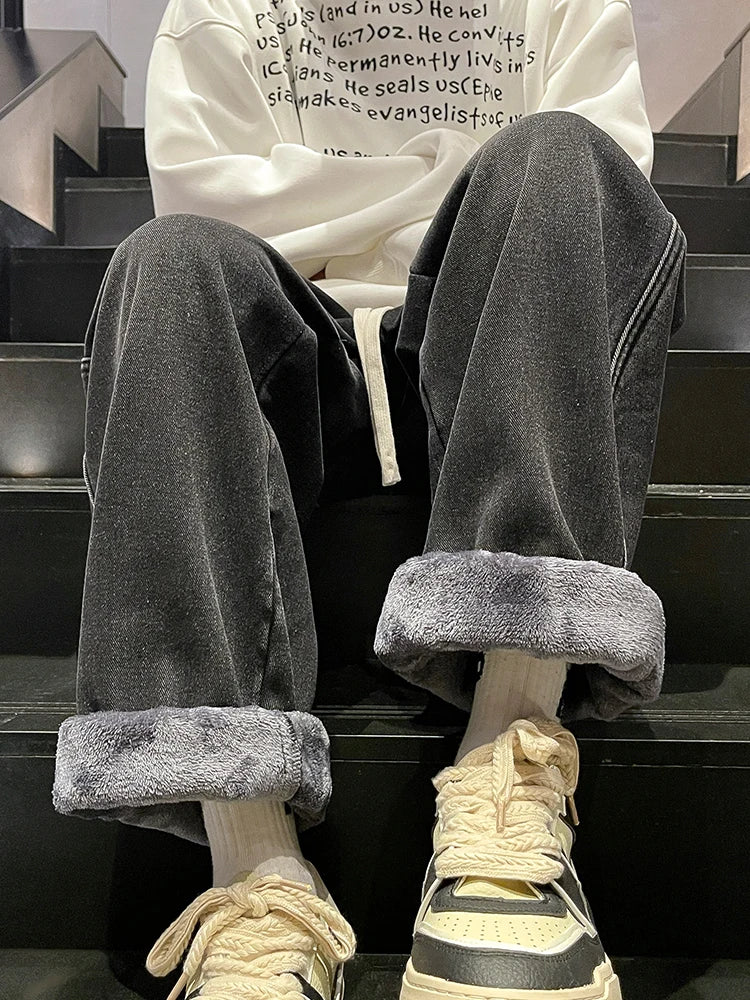 Winter Men's Jeans Korean Fashion Fleece Liner Thick Warm Straight