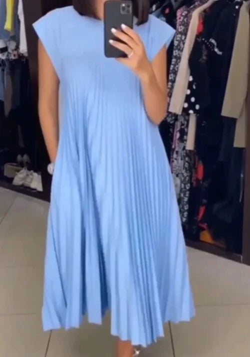 Spring And Summer New Fashionable Women's Round Neck Pleated Maxi