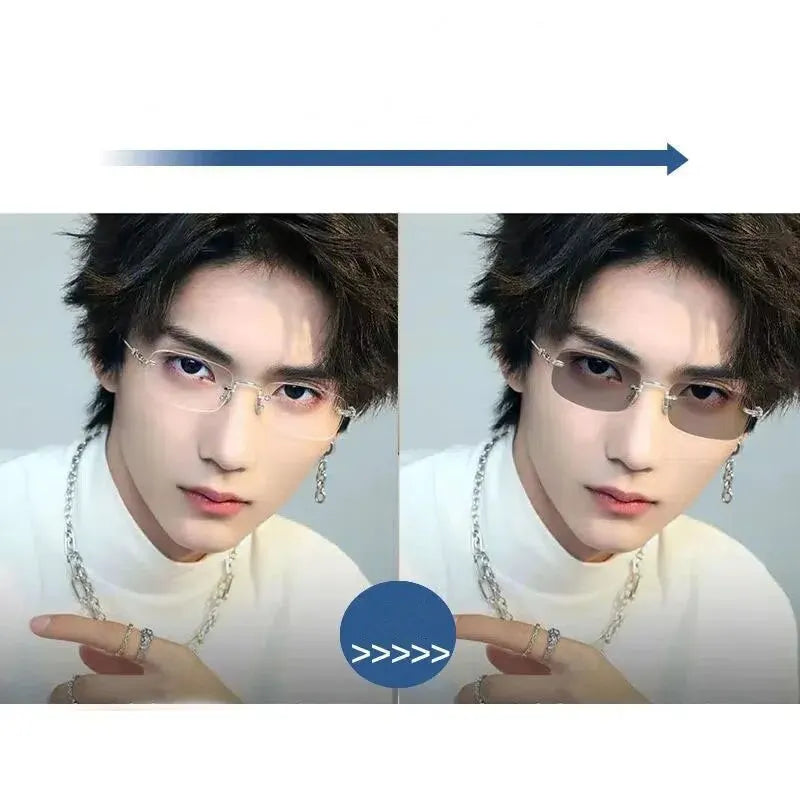 Photochromic Anti-blue Glasses Frameless Temperament Flat Lens Burst