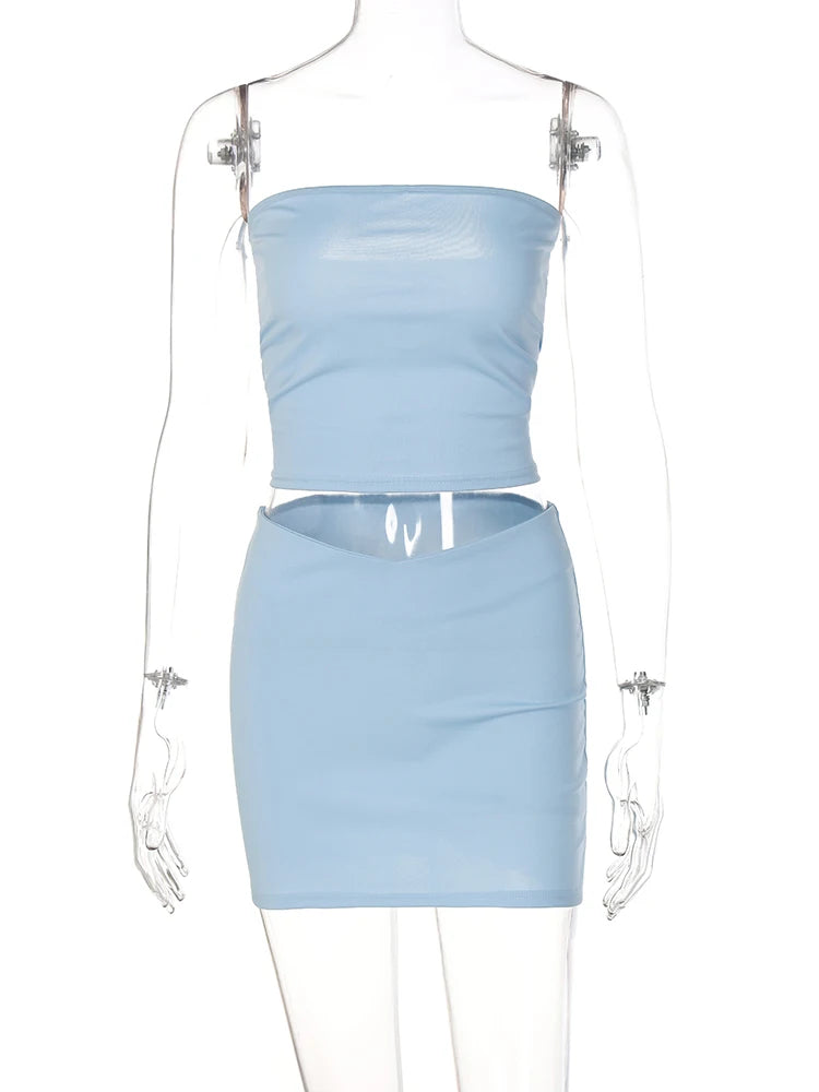 Hugcitar Solid Sleeveless Folds Tube Crop Top Skirts 2 Piece Matching
